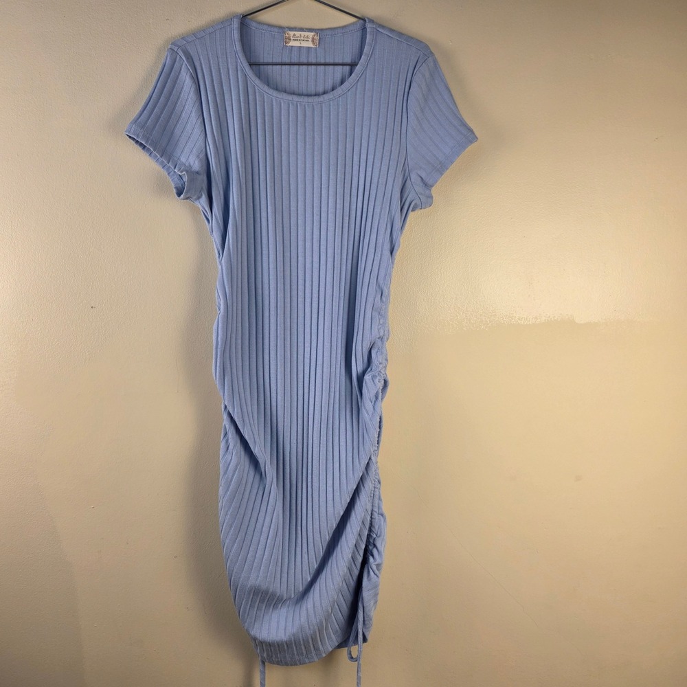Altar'd State Womens Light Blue Ribbed Ruched Bodycon Dress Large Bodycon